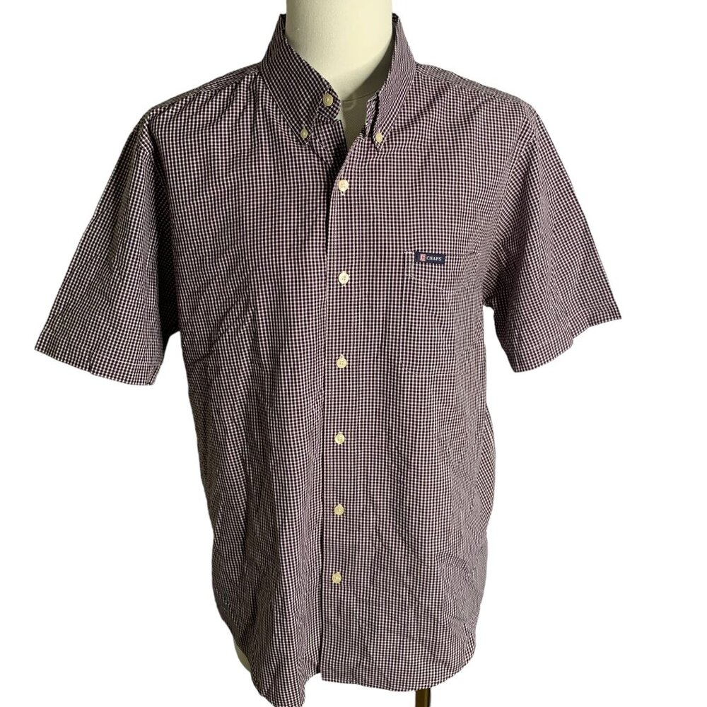 Chaps Button Down Short Sleeve Shirt L Blue Checkered Easy Care Pocket Cotton